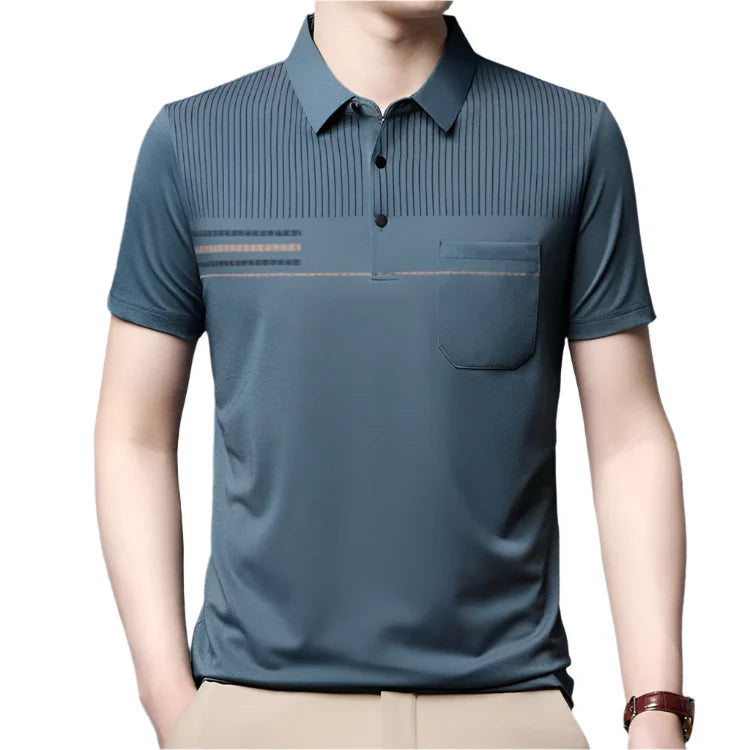 Camisa Polo Masculina Vormount VT148 com listras sutis, feita de algodão e poliéster, unindo conforto e estilo para uso diário.