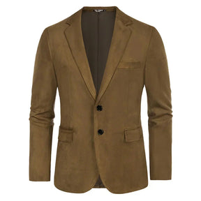 Blazer Masculino Vormount VT103 em camurça premium com lapelas notch, fecho de dois botões e bolsos, unindo elegância e durabilidade.