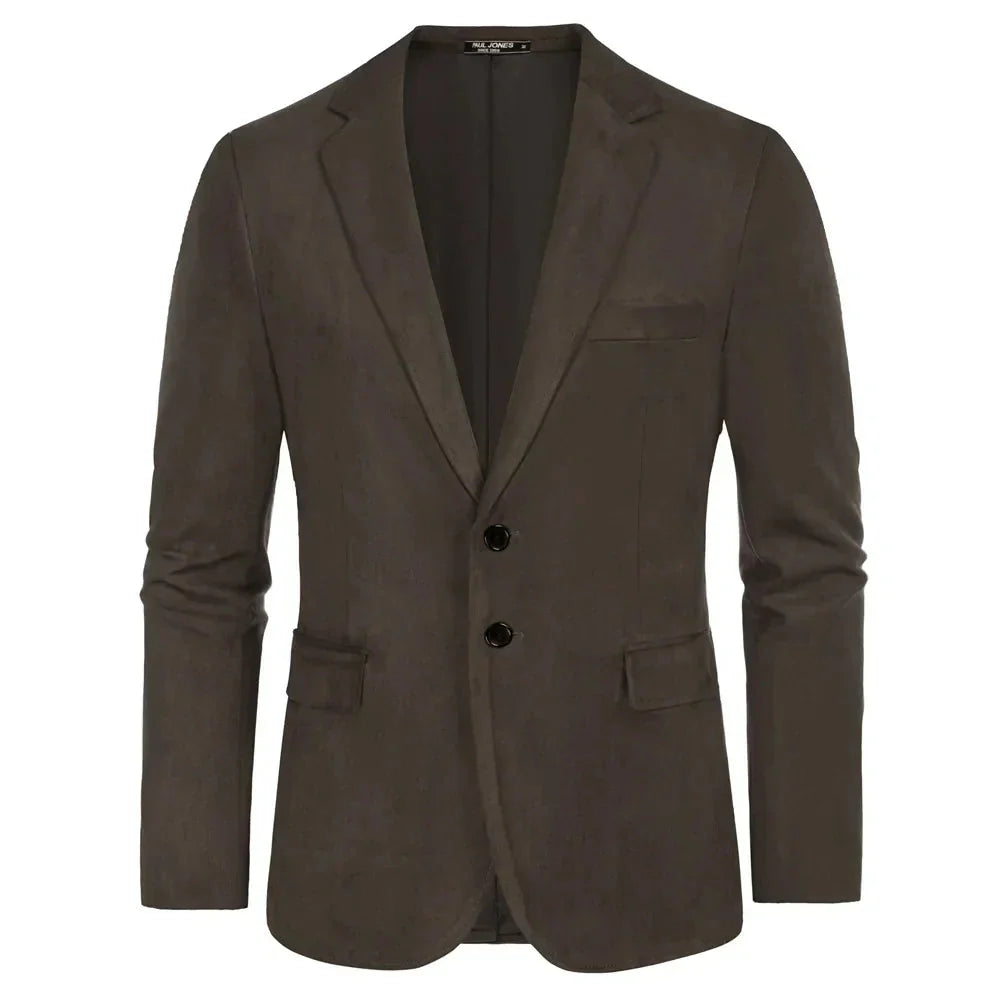 Blazer Masculino Vormount VT103 em camurça premium com lapelas notch, fecho de dois botões e bolsos, unindo elegância e durabilidade.