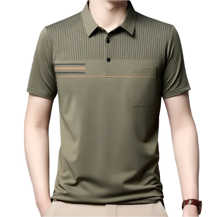 Camisa Polo Masculina Vormount VT148 com listras sutis, feita de algodão e poliéster, unindo conforto e estilo para uso diário.