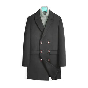 Sobretudo masculino Vormount VT126 em lã, ideal para climas frios, combina elegância e funcionalidade com fecho em botões e suéter interno impermeável.