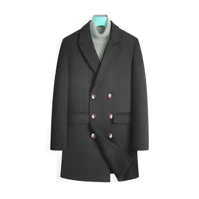 Sobretudo masculino Vormount VT126 em lã, ideal para climas frios, combina elegância e funcionalidade com fecho em botões e suéter interno impermeável.